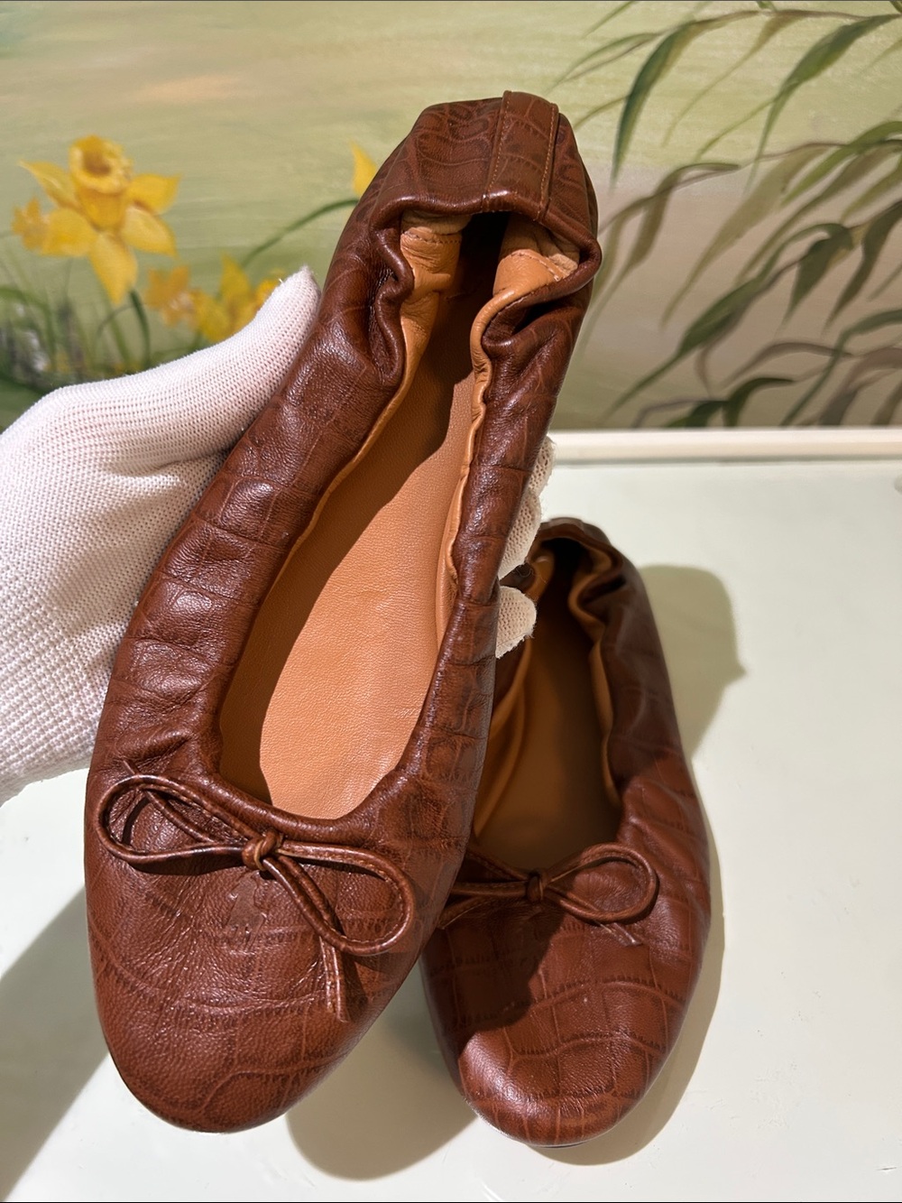 Polo Ralph Lauren Brown Croc Embossed Calfskin Leather Ballet Flats. Size 6.5